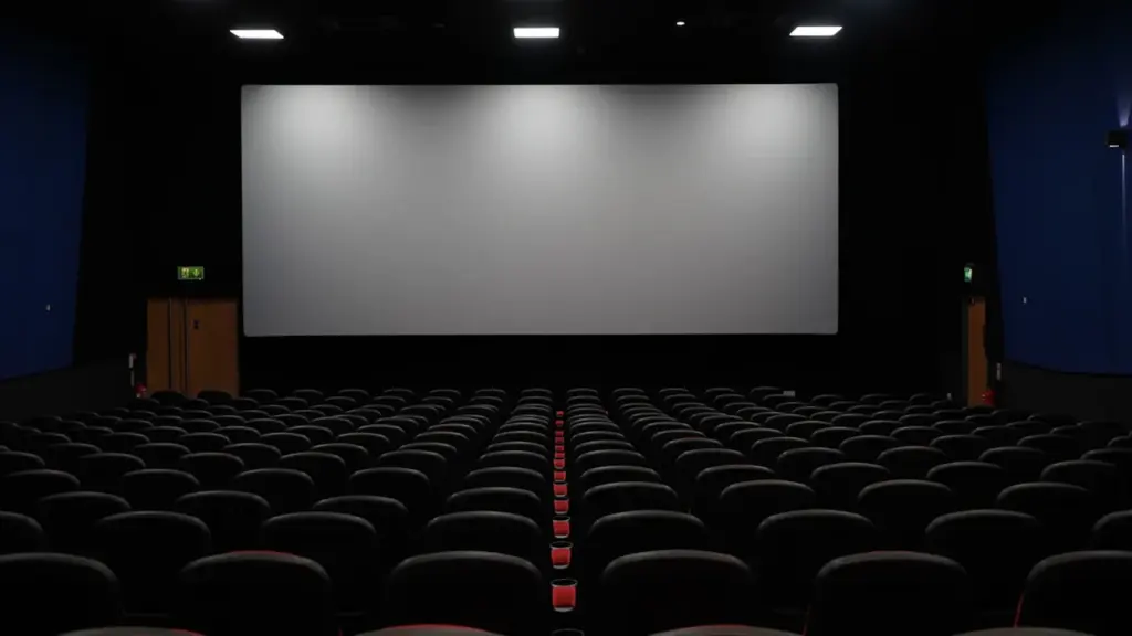 Tuščia kino teatro salė su raudonomis kėdėmis prieš didelį ekraną Alytuje