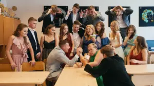 Moksleivių grupė klasėje prie stalo, svarstanti apie švietimo pasiekimus ir ateities iššūkius.