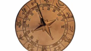 Bronzinis Zodiako ženklų simbolių ratas su saulės laikrodžio rodykle, rodančia dangaus kryptis.